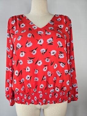 Ann Taylor Red Floral V Neck Long Sleeve Smocked Hem Blouse Size L